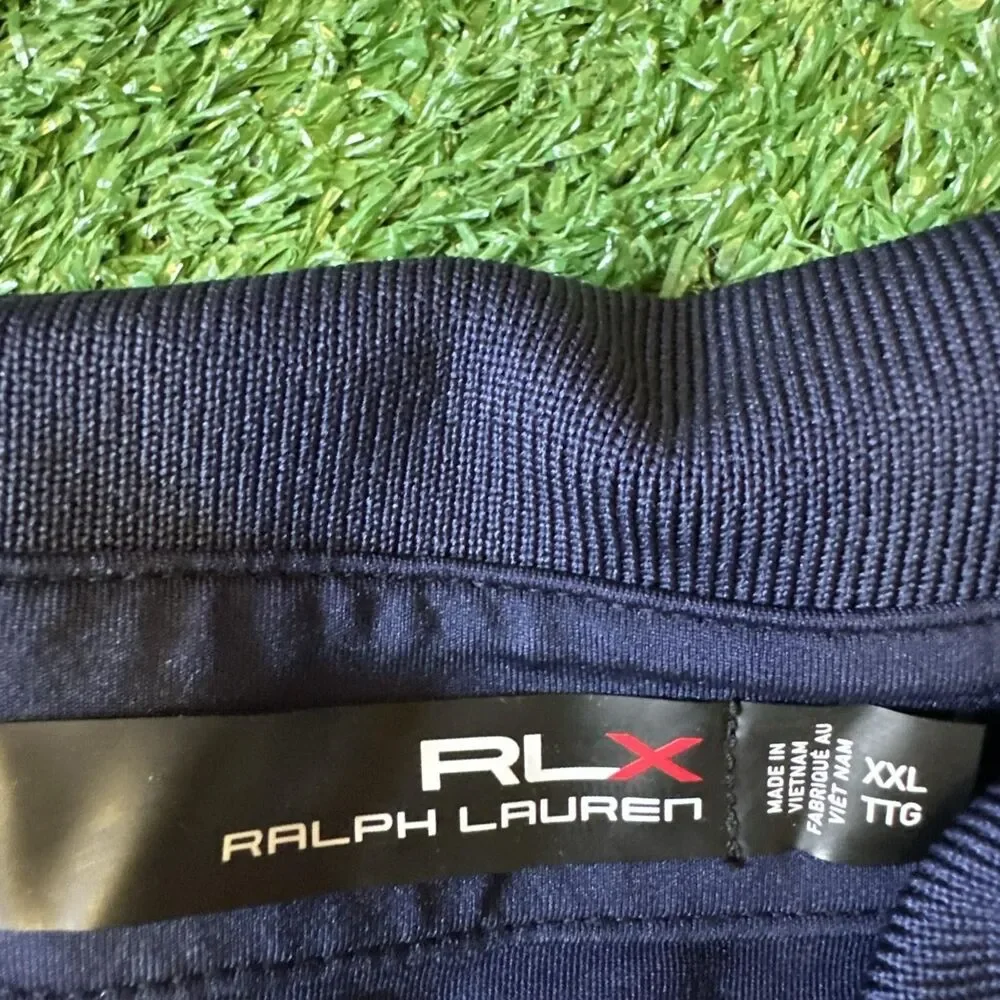 RLX Ralph Lauren Athletic Polo Shirt Mens 2XL Blue USA Open 2018 Patch Flag Logo